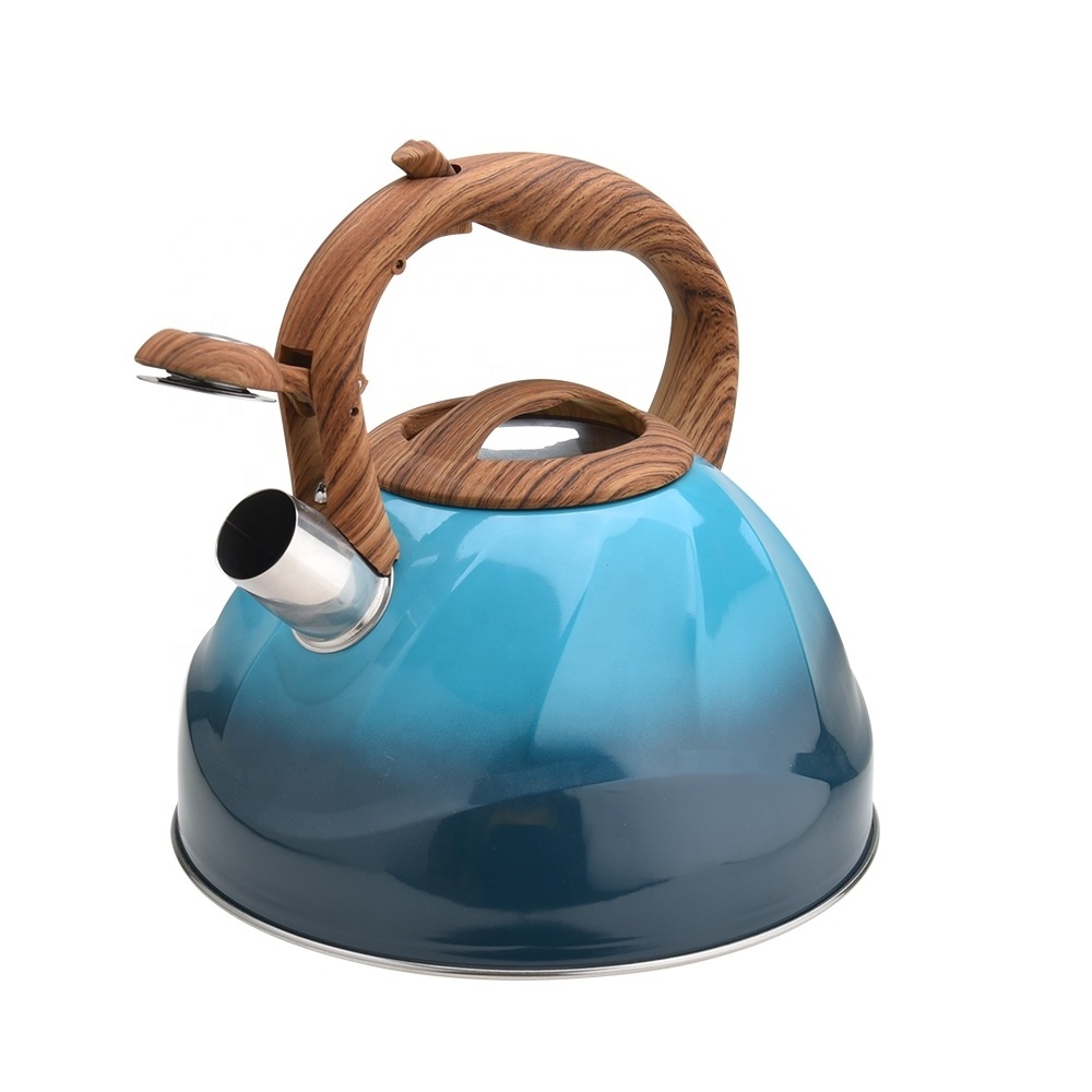 3l whistling tea pot blue coating tea kettle with single bottom wood like handle