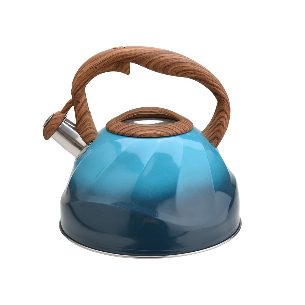 3l whistling tea pot blue coating tea kettle with single bottom wood like handle