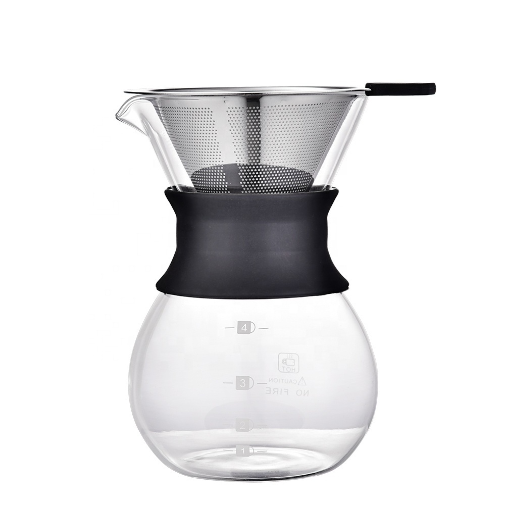 Pour Over Coffee Maker with Stainless Steel Cone Filter Glass Coffee Carafe with Protective Silicone Sleeve 400ML