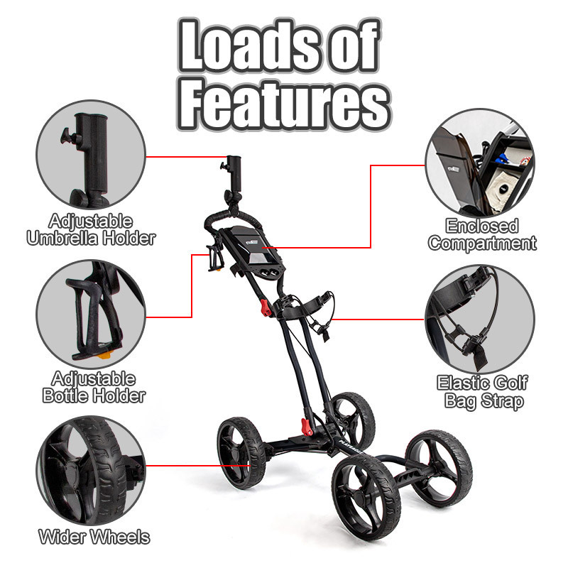 Light Weight Folding Golf Trolley 4 Wheel Golf Push Cart with Umbrella Holder and Drink Holder