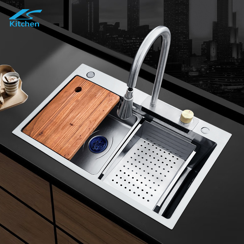 k Nano Step Kitchen Sink 304 Stainless Steel Handmade Above Mount Waterfall Faucet Farmhouse Kitchen black Sinks