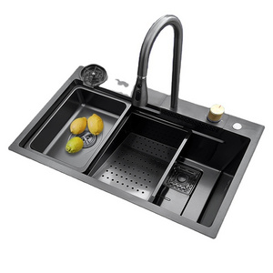 k Nano Step Kitchen Sink 304 Stainless Steel Handmade Above Mount Waterfall Faucet Farmhouse Kitchen black Sinks