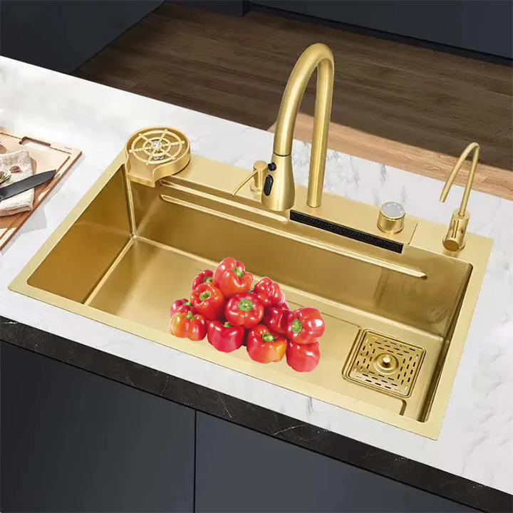 black undermount black handmade steel gold multifunctional double bowl waterfall modern smart luxury kitchen sink