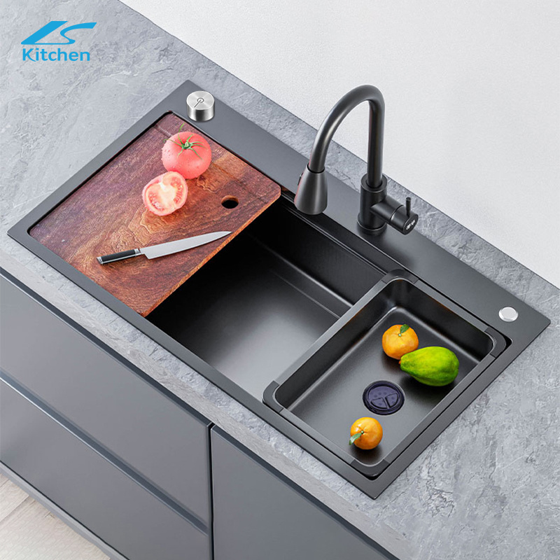 Tiktok Trends Stainless Steel All in One Kitchen Sink With Pull Down Faucet Waterfall Kitchen Faucet With Kitchen Drain