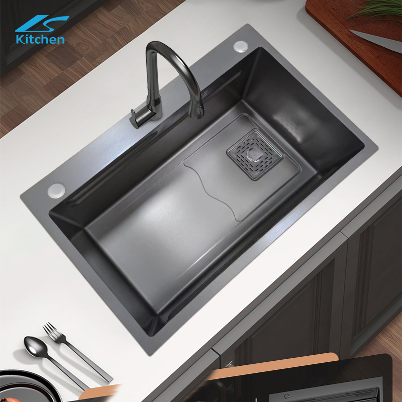 Tiktok Trends Stainless Steel All in One Kitchen Sink With Pull Down Faucet Waterfall Kitchen Faucet With Kitchen Drain