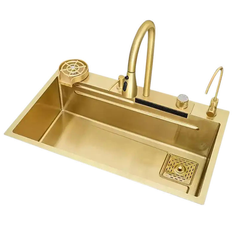 black undermount black handmade steel gold multifunctional double bowl waterfall modern smart luxury kitchen sink