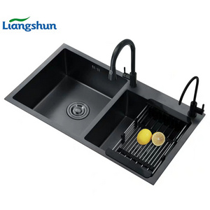 Fregadero SUS304 Deep Basin Nano Double Bowl Undermount Handmade Stainless Steel Black  Kitchen Sink