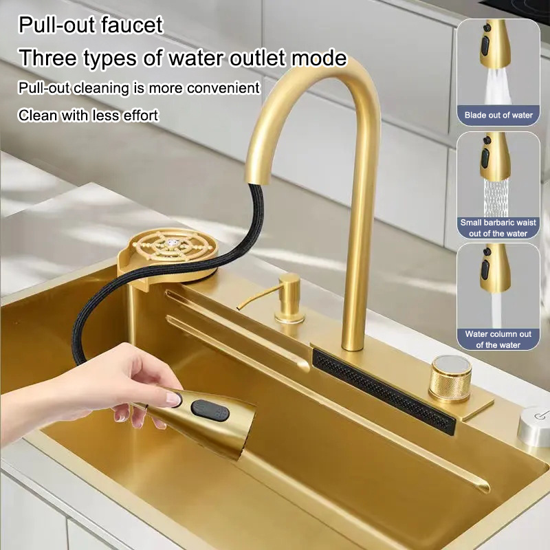 black undermount black handmade steel gold multifunctional double bowl waterfall modern smart luxury kitchen sink