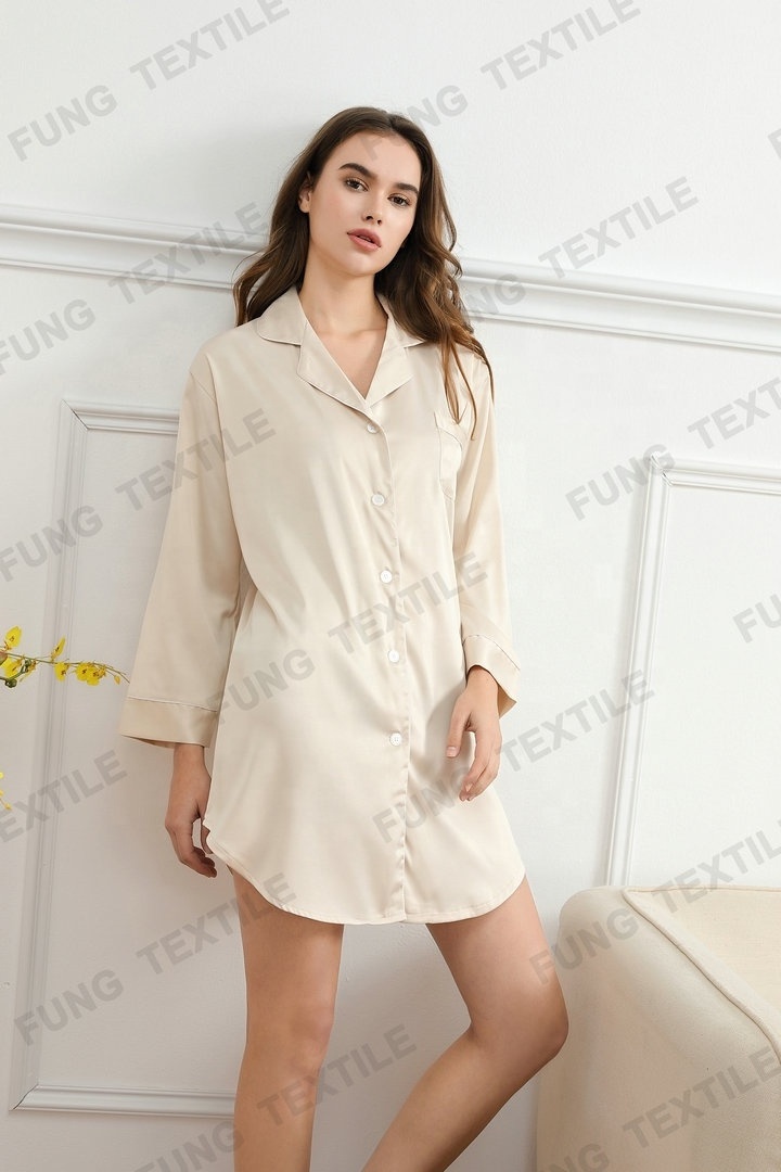 6011  Summer New Design  Party Satin Shirt Woman Silk Satin Sleep Shirt OEM Women Sexy White Sleep Shirt