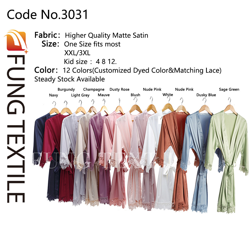 FUNG 3031 Free Sample satin robe silk bridal robe Bridesmaid Gift OEM High Quality Satin Plain Bath Robe with Lace Trim