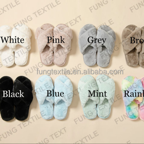 Fung Stock Ready to ship  Woman Cross Strap TPR Sole Fluffy Fuzzy Indoor Plush Faux Fur Slippers