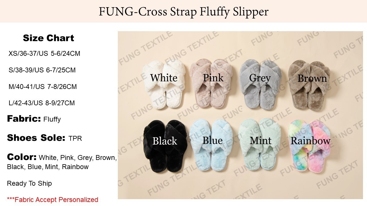 Fung Stock Ready to ship  Woman Cross Strap TPR Sole Fluffy Fuzzy Indoor Plush Faux Fur Slippers