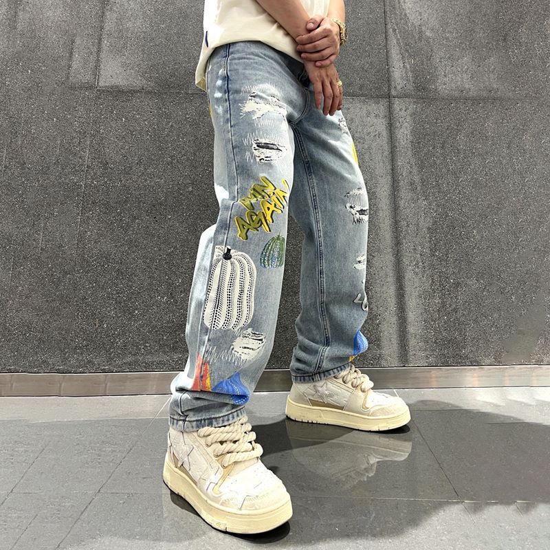 High Quality Fashion Men Wash Designer Loose Fit Denim Wild Leg Pants Jeans For Men's New Fashion Ragged Jeans For Men