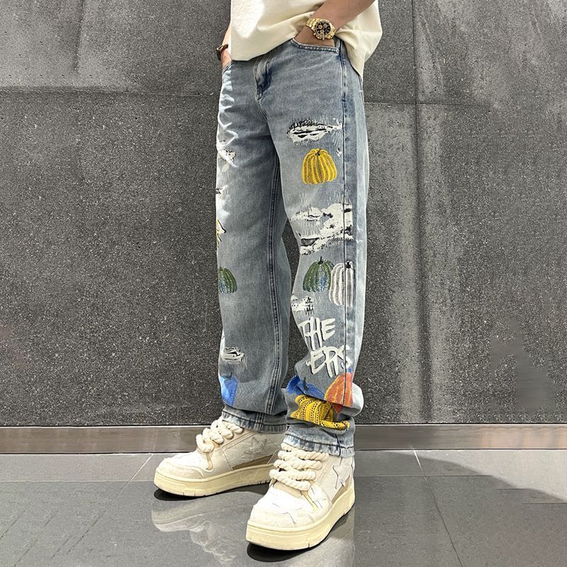 High Quality Fashion Men Wash Designer Loose Fit Denim Wild Leg Pants Jeans For Men's New Fashion Ragged Jeans For Men