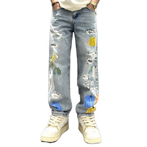 High Quality Fashion Men Wash Designer Loose Fit Denim Wild Leg Pants Jeans For Men's New Fashion Ragged Jeans For Men