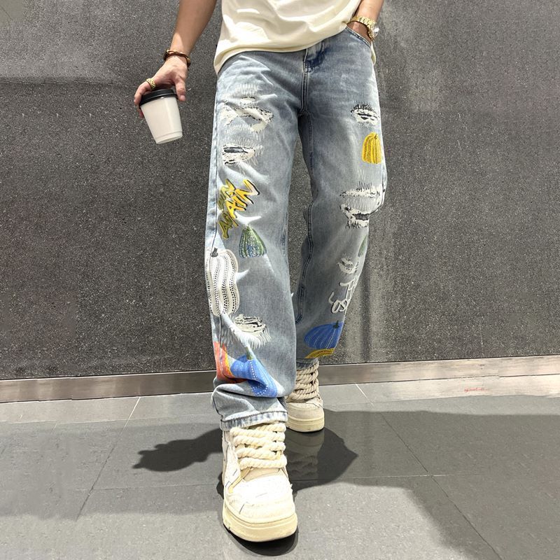 High Quality Fashion Men Wash Designer Loose Fit Denim Wild Leg Pants Jeans For Men's New Fashion Ragged Jeans For Men