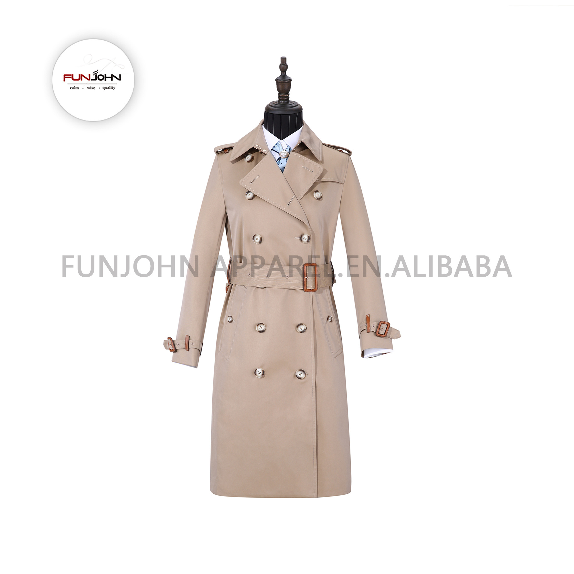 Spring Office Khaki Classic Long Uniforms Turn-Down Collar Design Double Breasted Trench Coat For Women Ladies