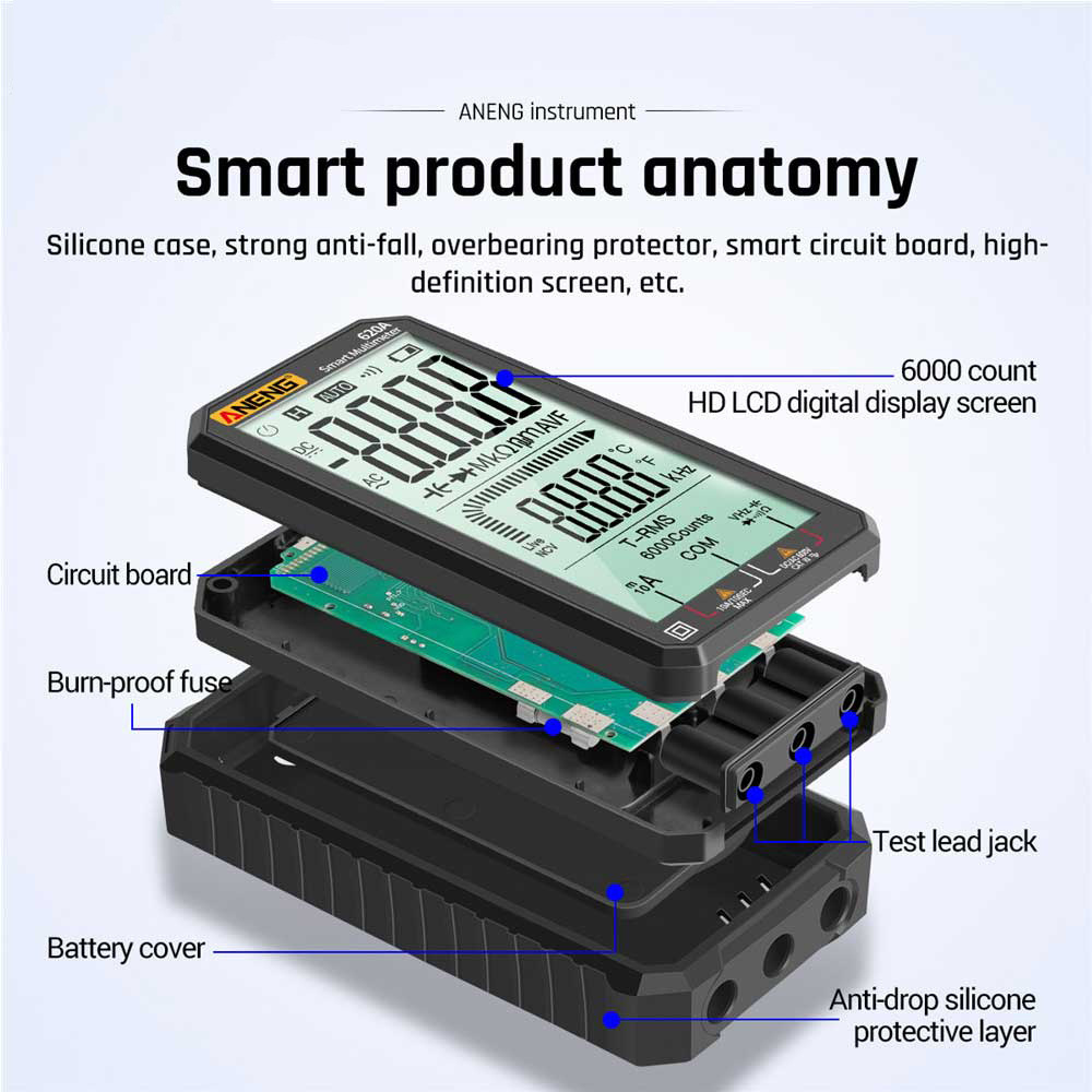 Aneng 620A Digital Multimeter Transistor Tester 6000 Count True RMS Auto Electrical Capacitance Meter Temp Resistance Measure