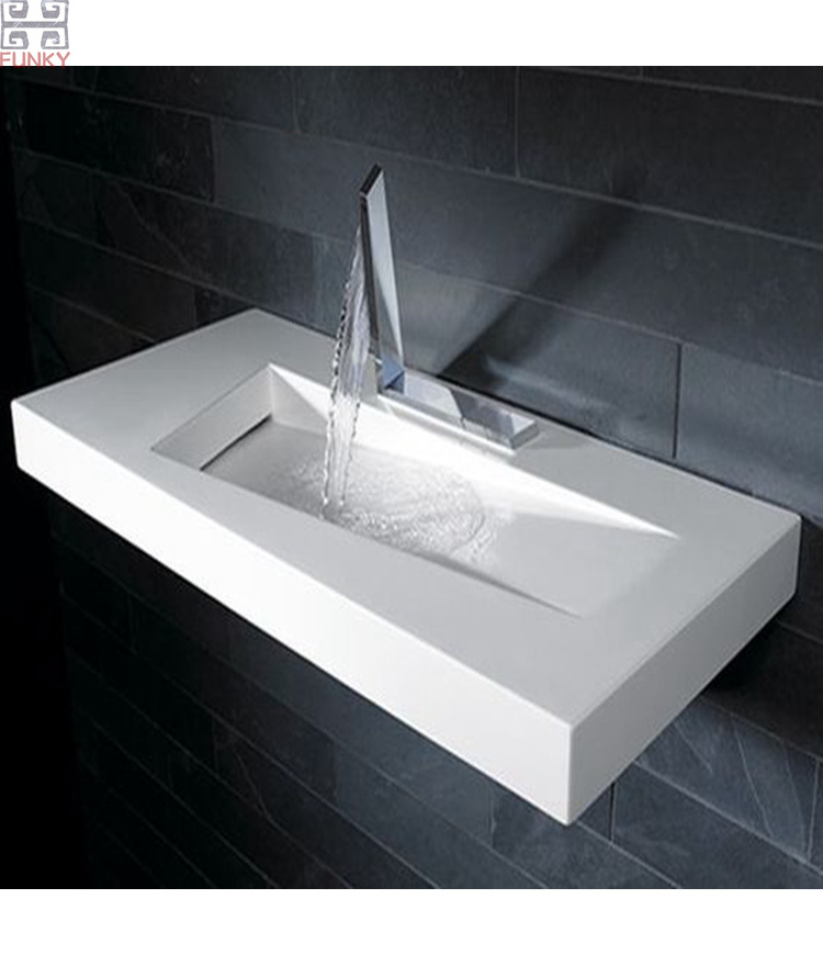 Creative hidden waste new design CORIANS solid surface white rectangular drop bathroom trough sink