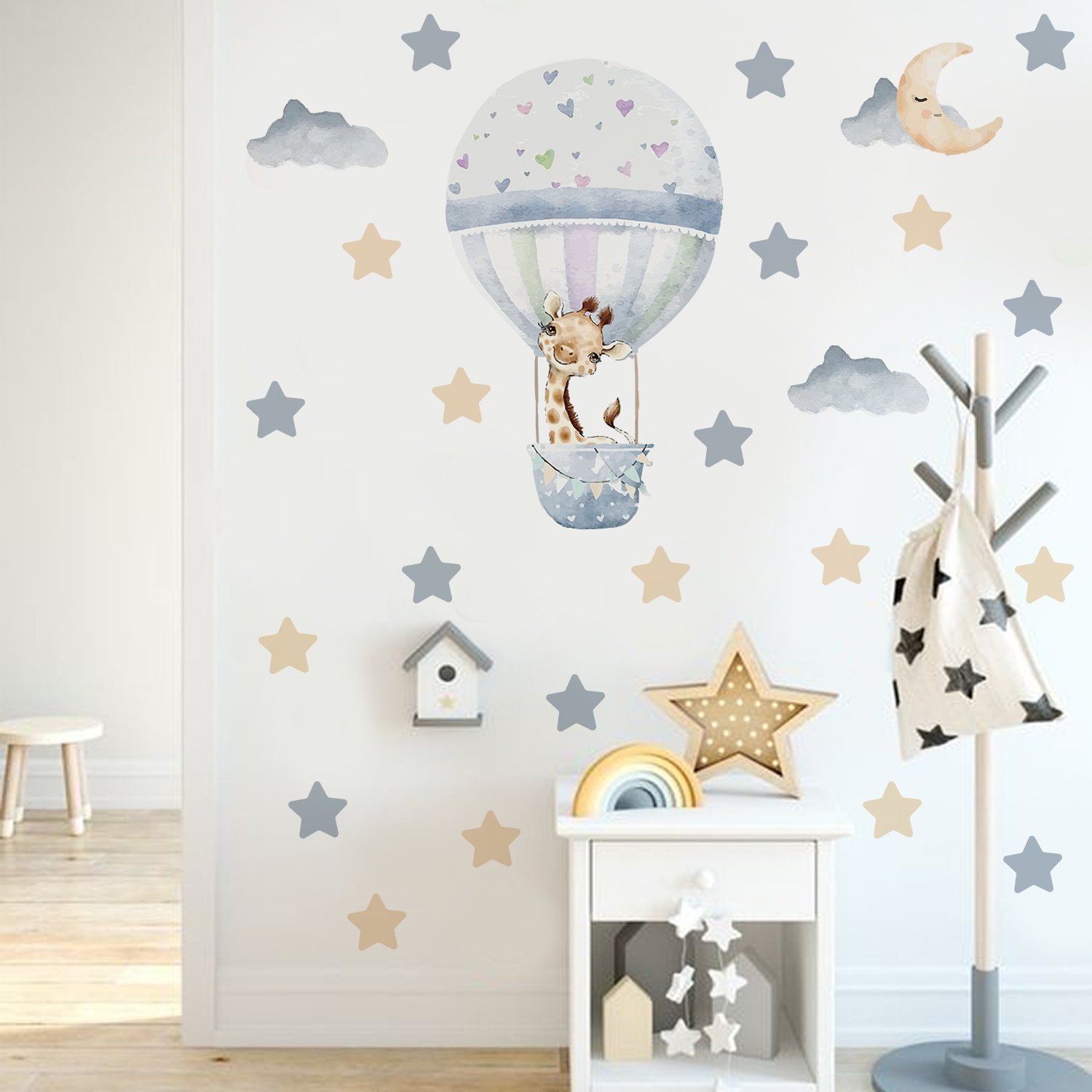 Funlife PY074 cartoon light blue hot air balloon with giraffe wall decoration for baby room wall sticker