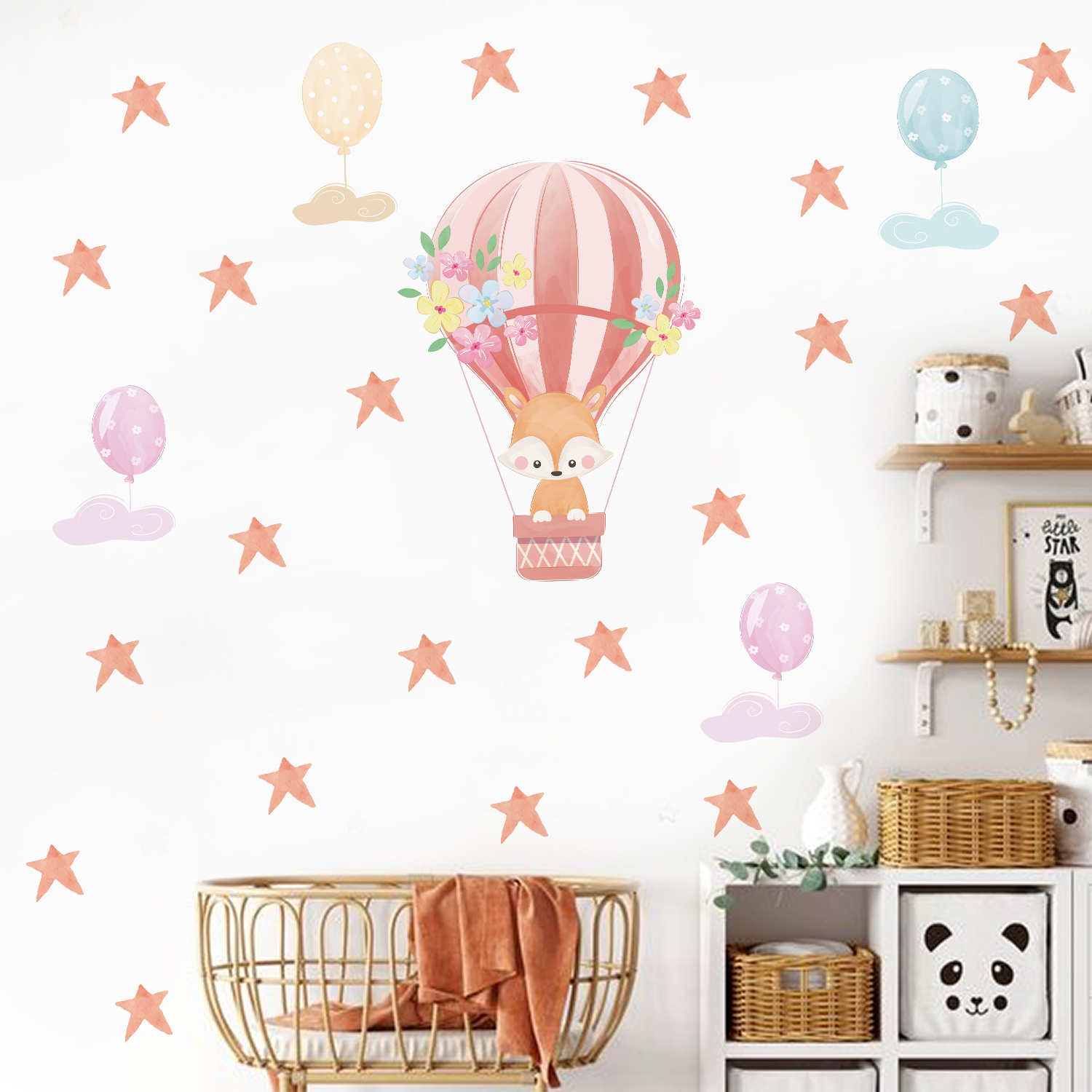 Funlife PY067 Pink hot air balloon with cute cartoon fox and stars baby room wall decoration wall sticker