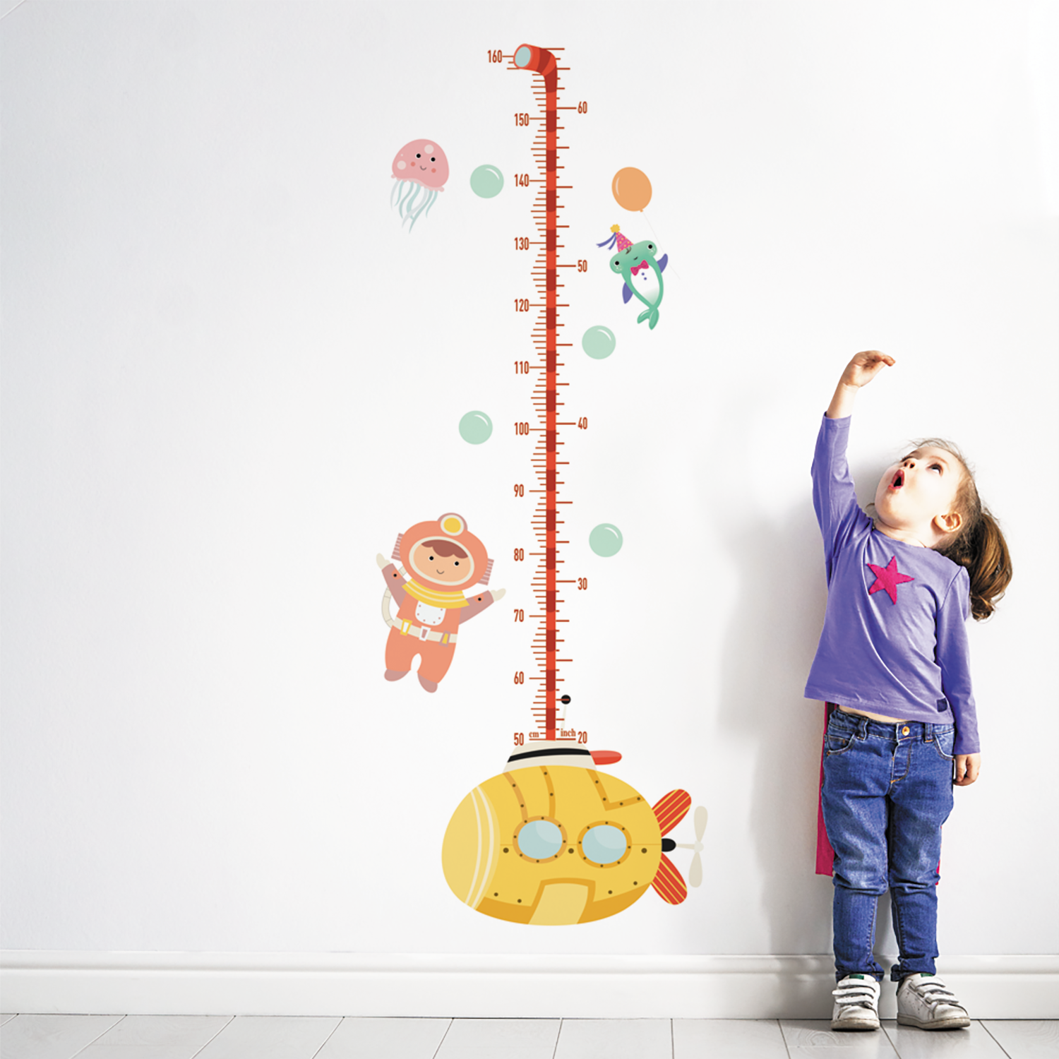 Funlife Growth Chart Ocean Adventures Children's Height Ruler Submarine Wall Stickers for Kids Room Playroom Home Decoration