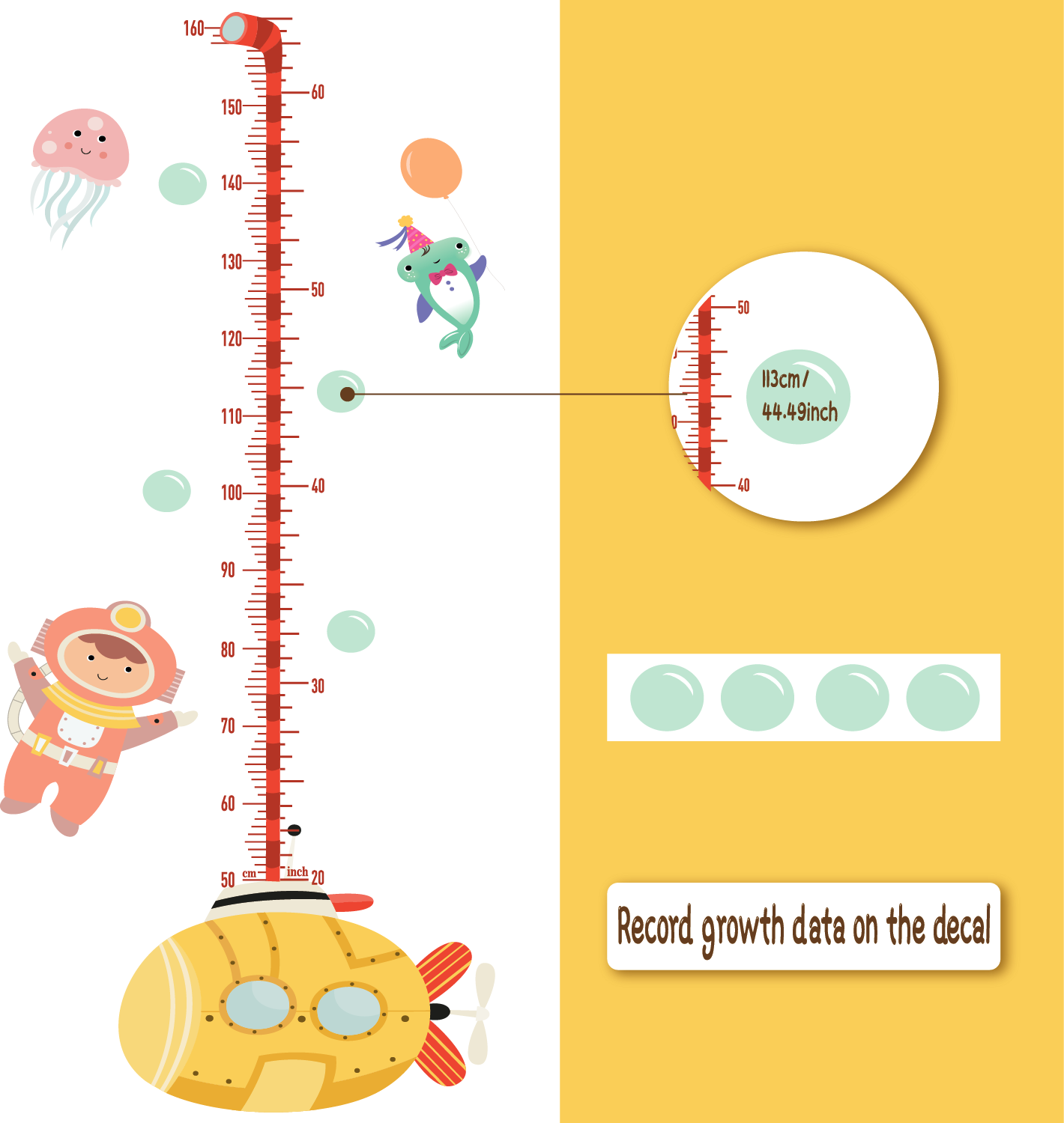 Funlife Growth Chart Ocean Adventures Children's Height Ruler Submarine Wall Stickers for Kids Room Playroom Home Decoration