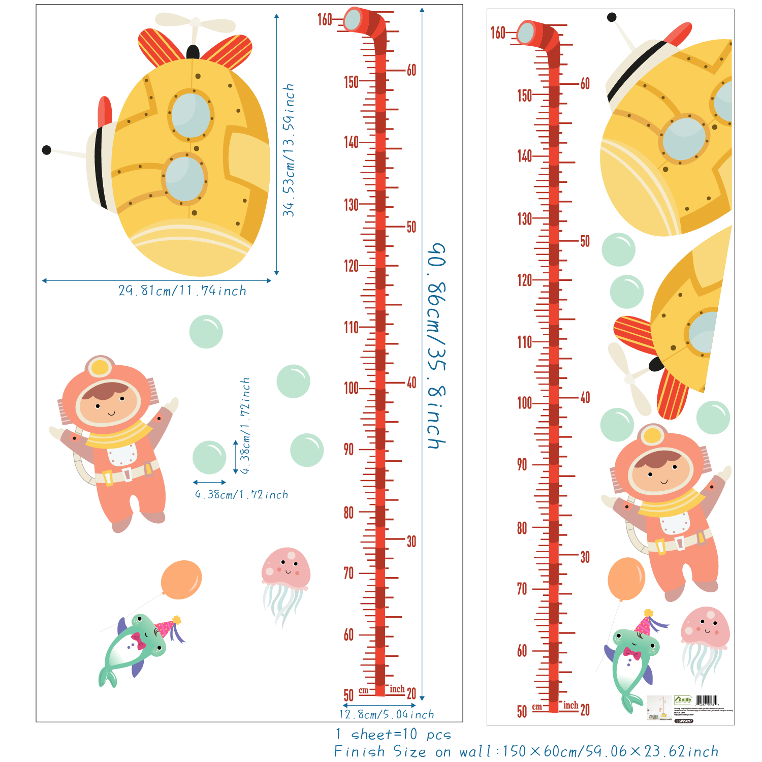 Funlife Growth Chart Ocean Adventures Children's Height Ruler Submarine Wall Stickers for Kids Room Playroom Home Decoration