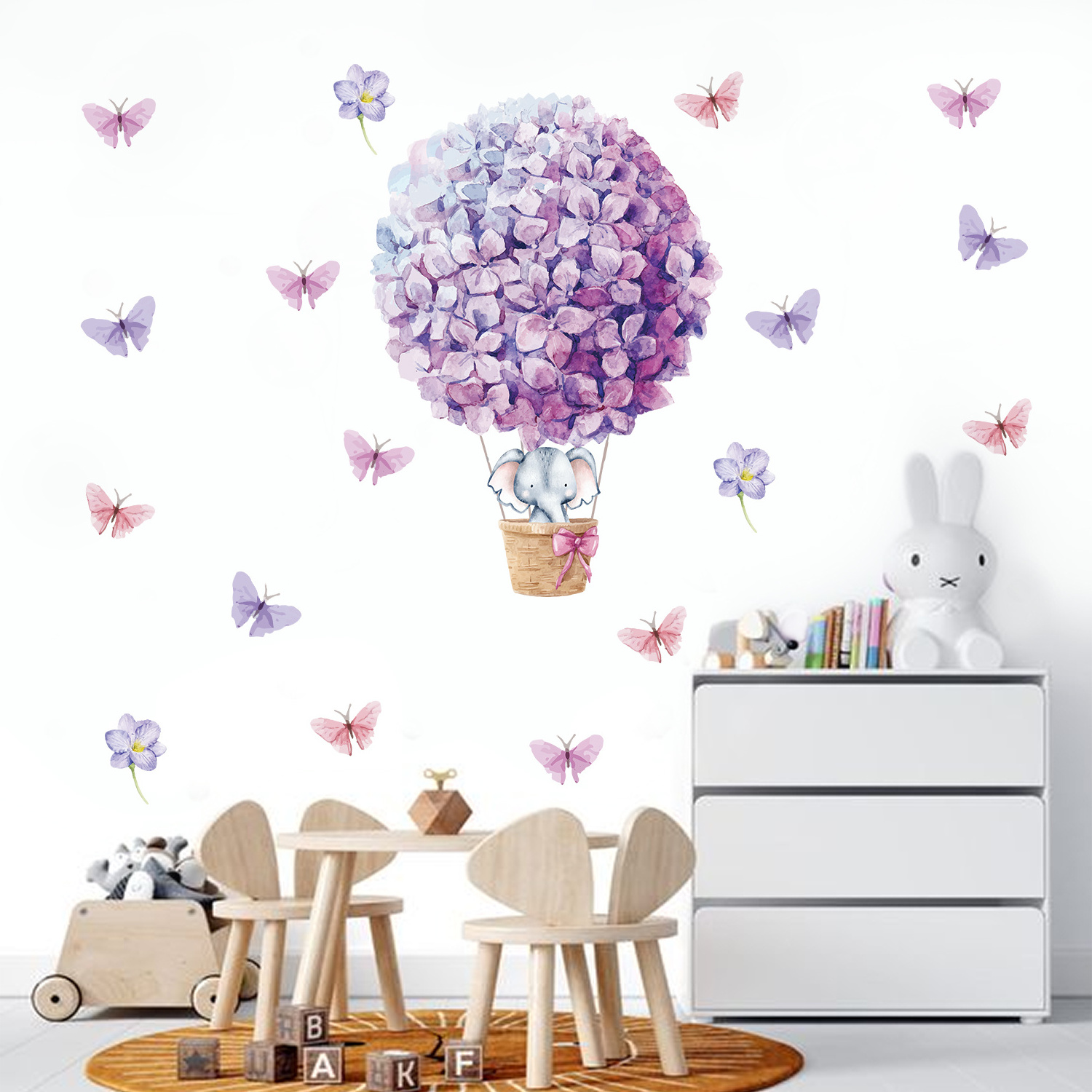 Funlife PY071 Purple flowers hot air balloon with elephant and flying butterfly decal kids room wall sticker