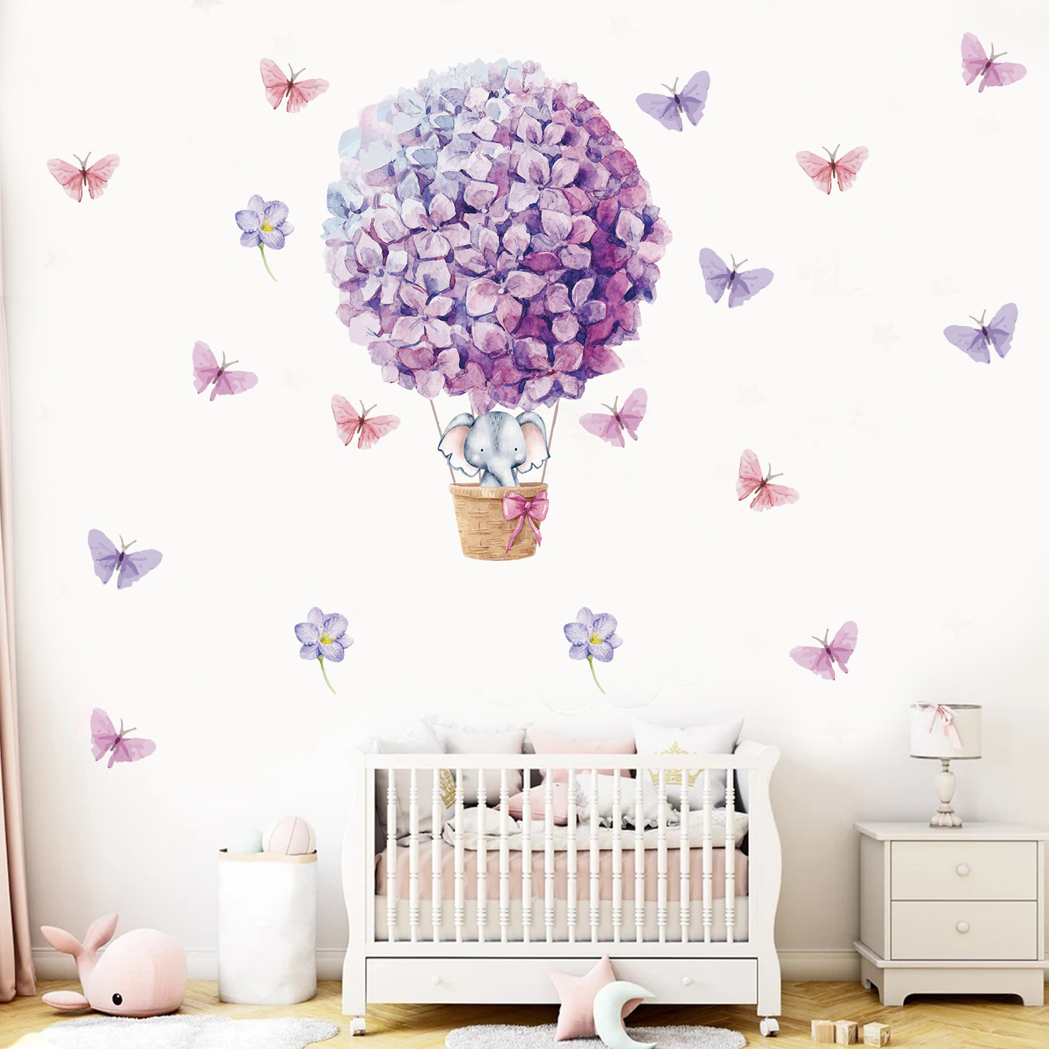 Funlife PY071 Purple flowers hot air balloon with elephant and flying butterfly decal kids room wall sticker