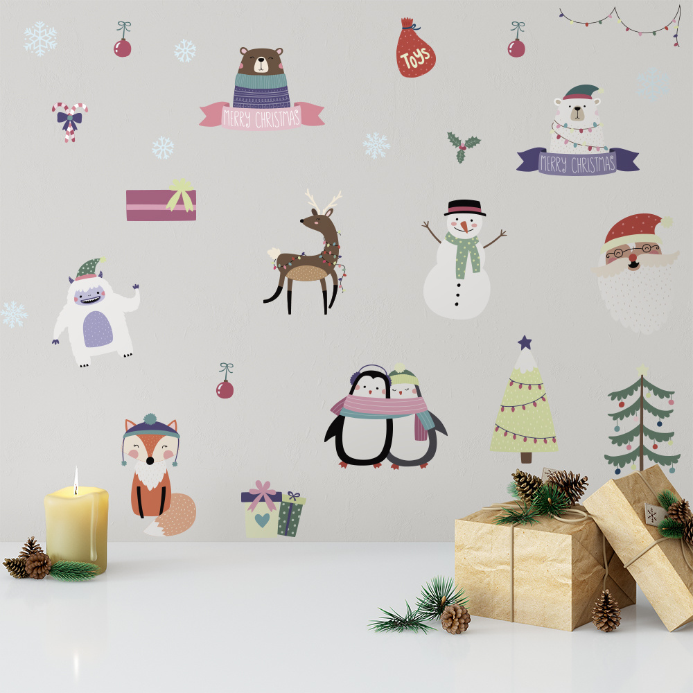 Funlife  PA131 Christmas Cartoon Sticker Santa Elk Penguin Bell Removable Wall Stickers