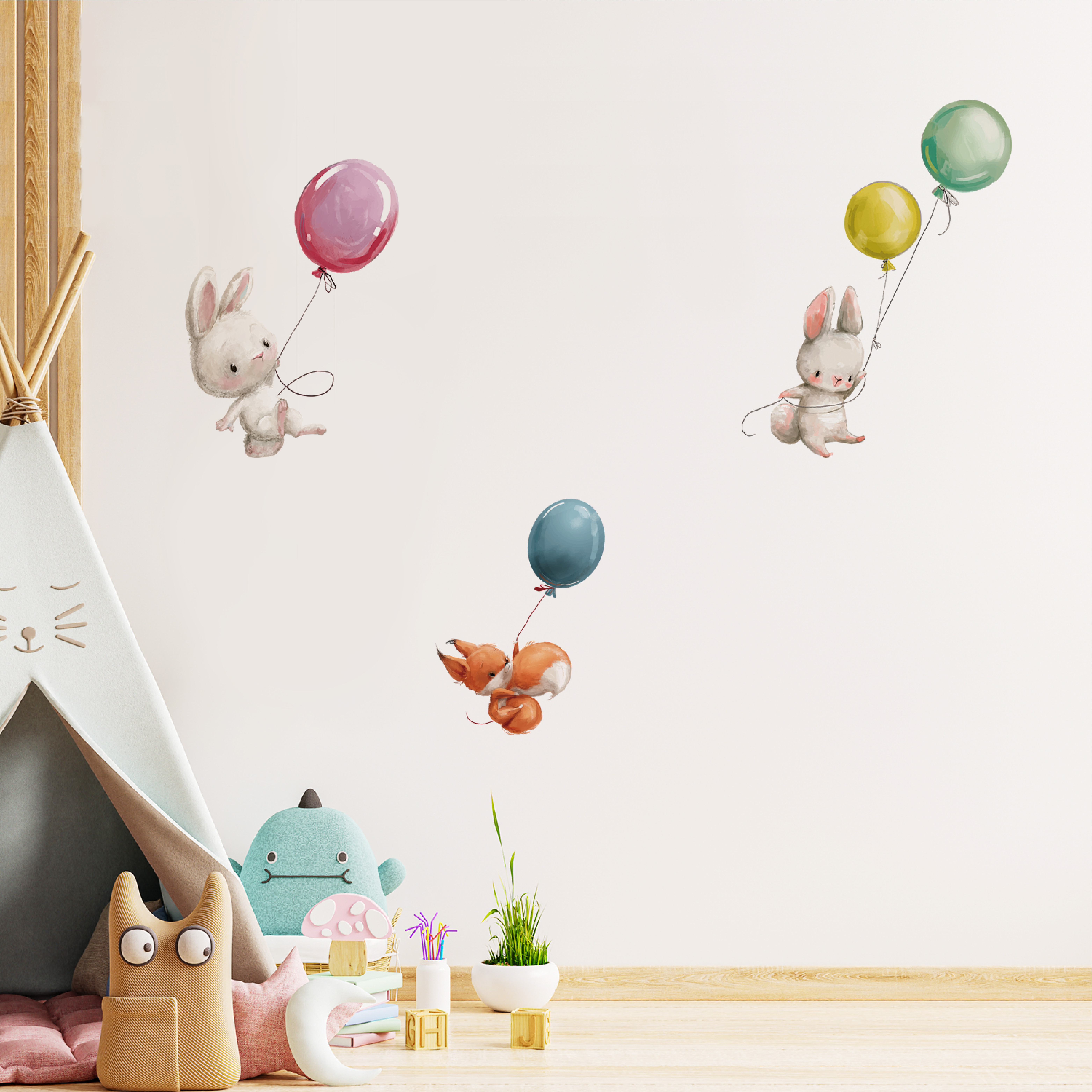 Funlife PY052 Cartoon rabbit flying with balloon cute wall decals for baby room wall decoration wall sticker