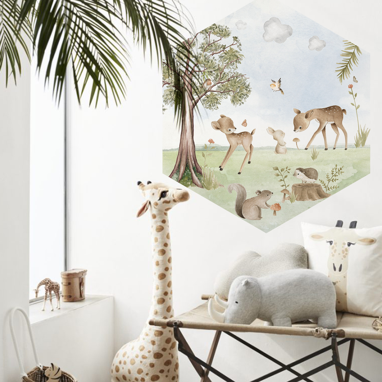 Funlife Hexagon Shape Deer Hare With Birds Spring Woodland Wall Sticker for Nuersery Room Home Interior Decor