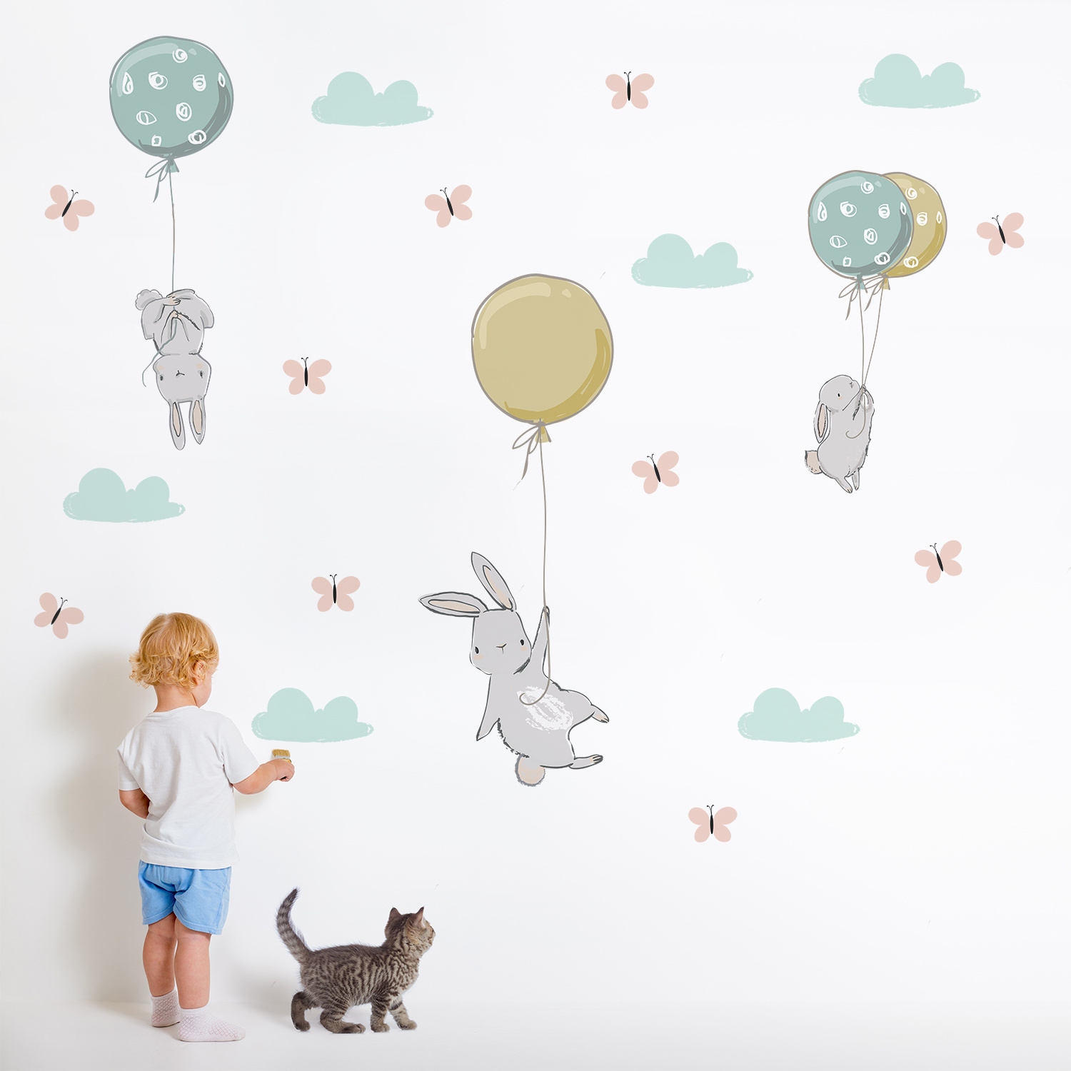 Funlife PY036 blue balloons with clouds cartoon bunny rabbit wall decals nursery room wall sticker