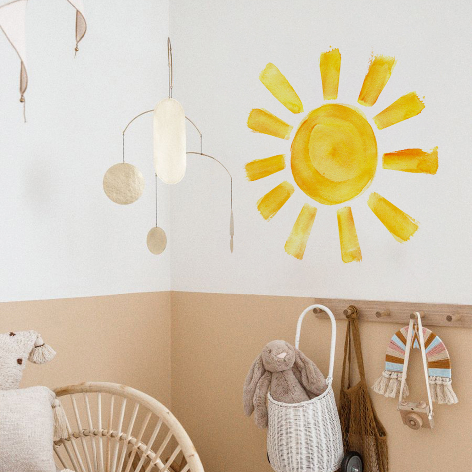 Funlife Watercolor Boho Sun Wall Decals Peel and Stick, PVC Sunrise Wall Stickers, Yellow Sunshine Wall Art Decor for Kids Room