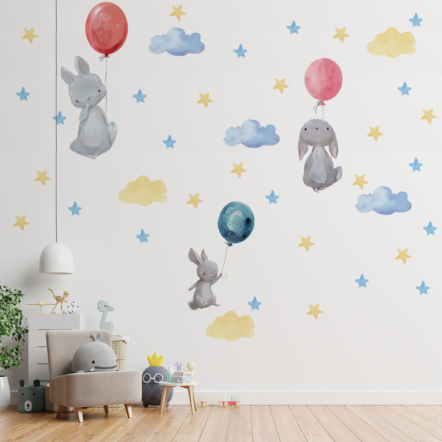 Funlife PY032 watercolor falling rabbit and balloons decals cartoon bunny nursery room wall sticker