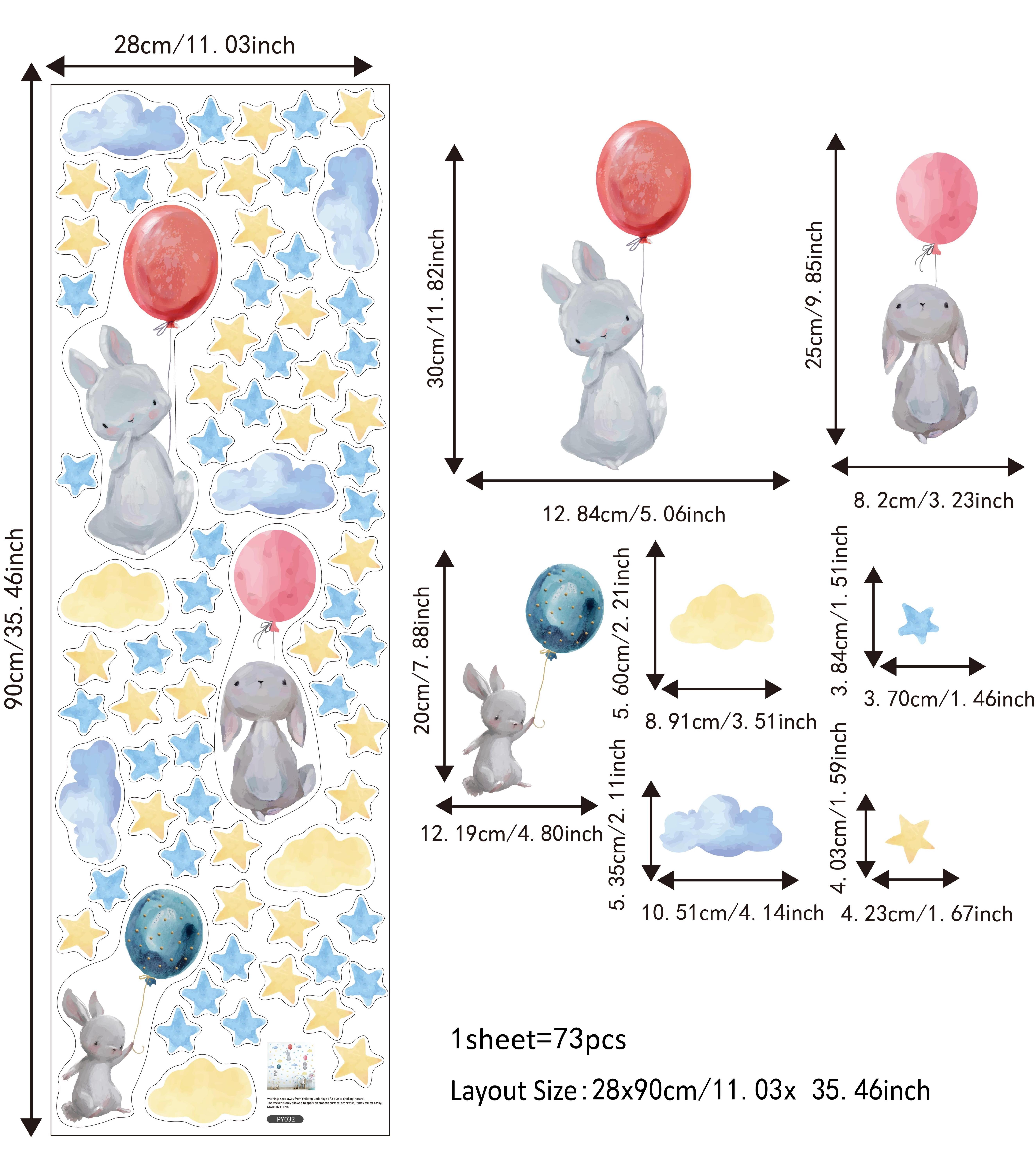 Funlife PY032 watercolor falling rabbit and balloons decals cartoon bunny nursery room wall sticker