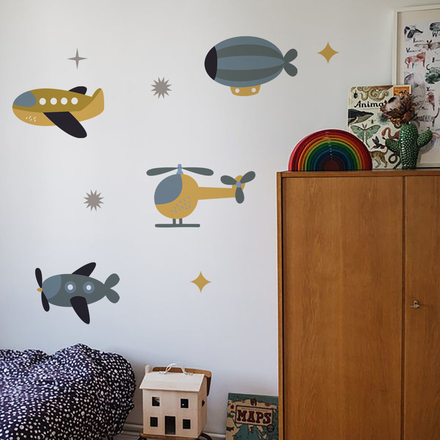 Funlife vintage airplane cloud removable pvc waterproof self-adhesive wall sticker for kindergarten stairwell wall decal