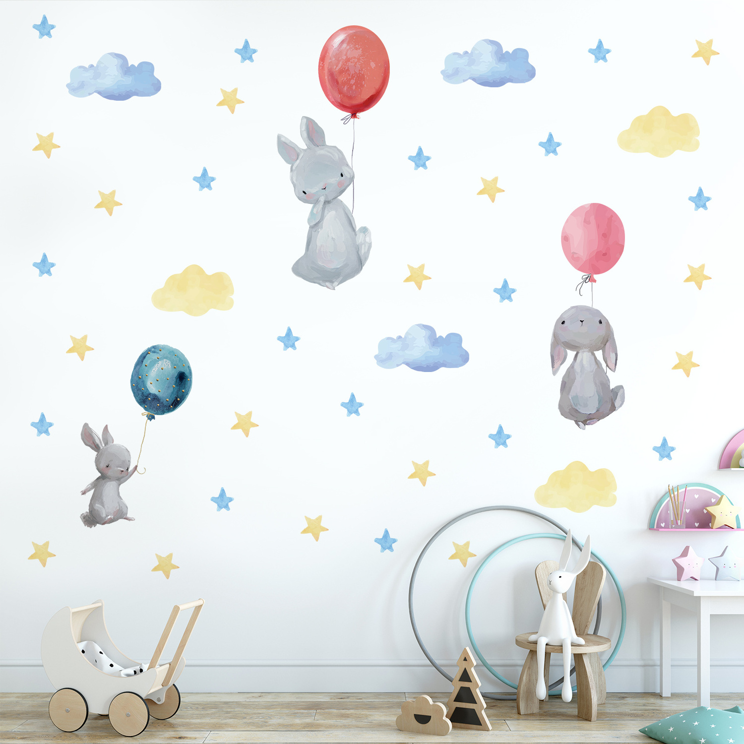 Funlife PY032 watercolor falling rabbit and balloons decals cartoon bunny nursery room wall sticker