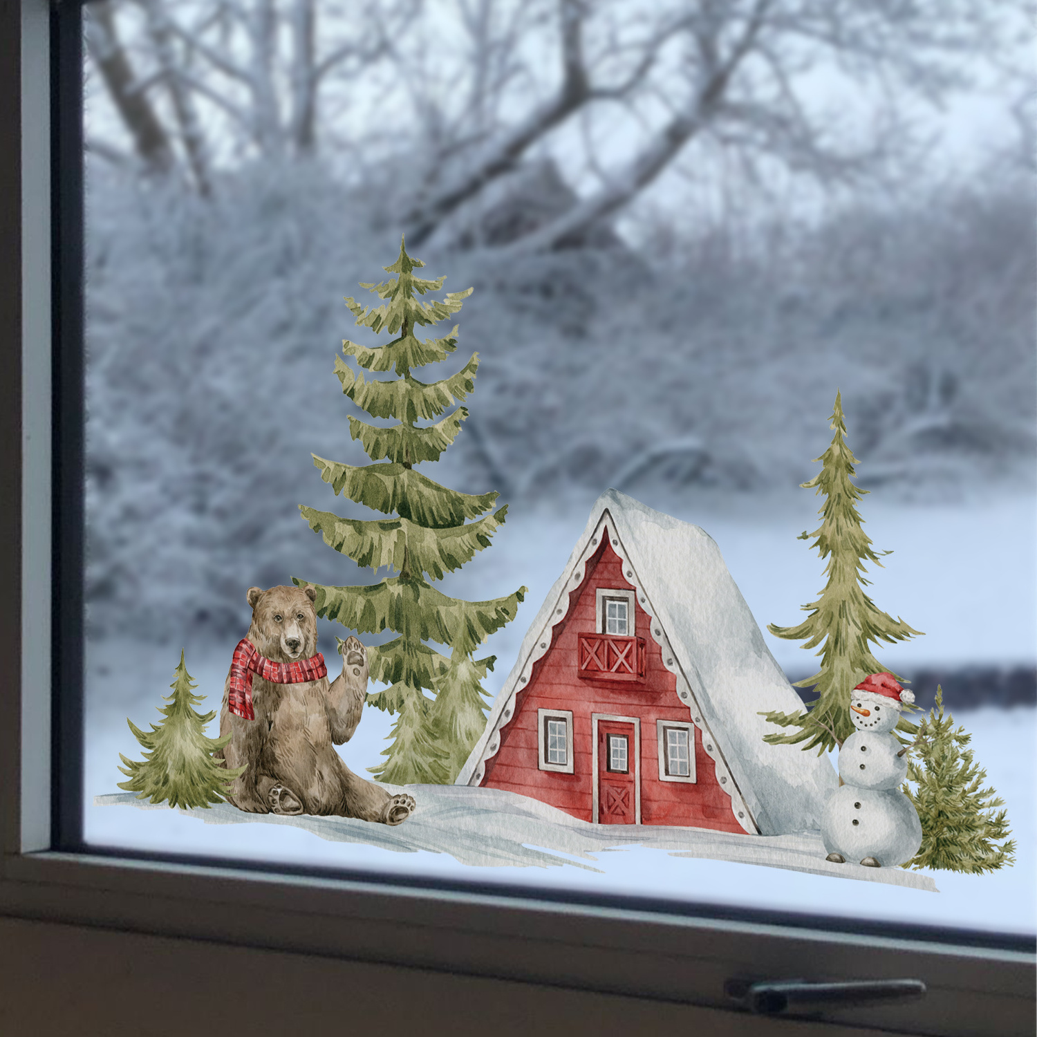 Funlife  Scarf Bear in the Snow Decorative UV 3 Layers Printing Window Film for Living Room Waterproof Reusable Glass Decoration