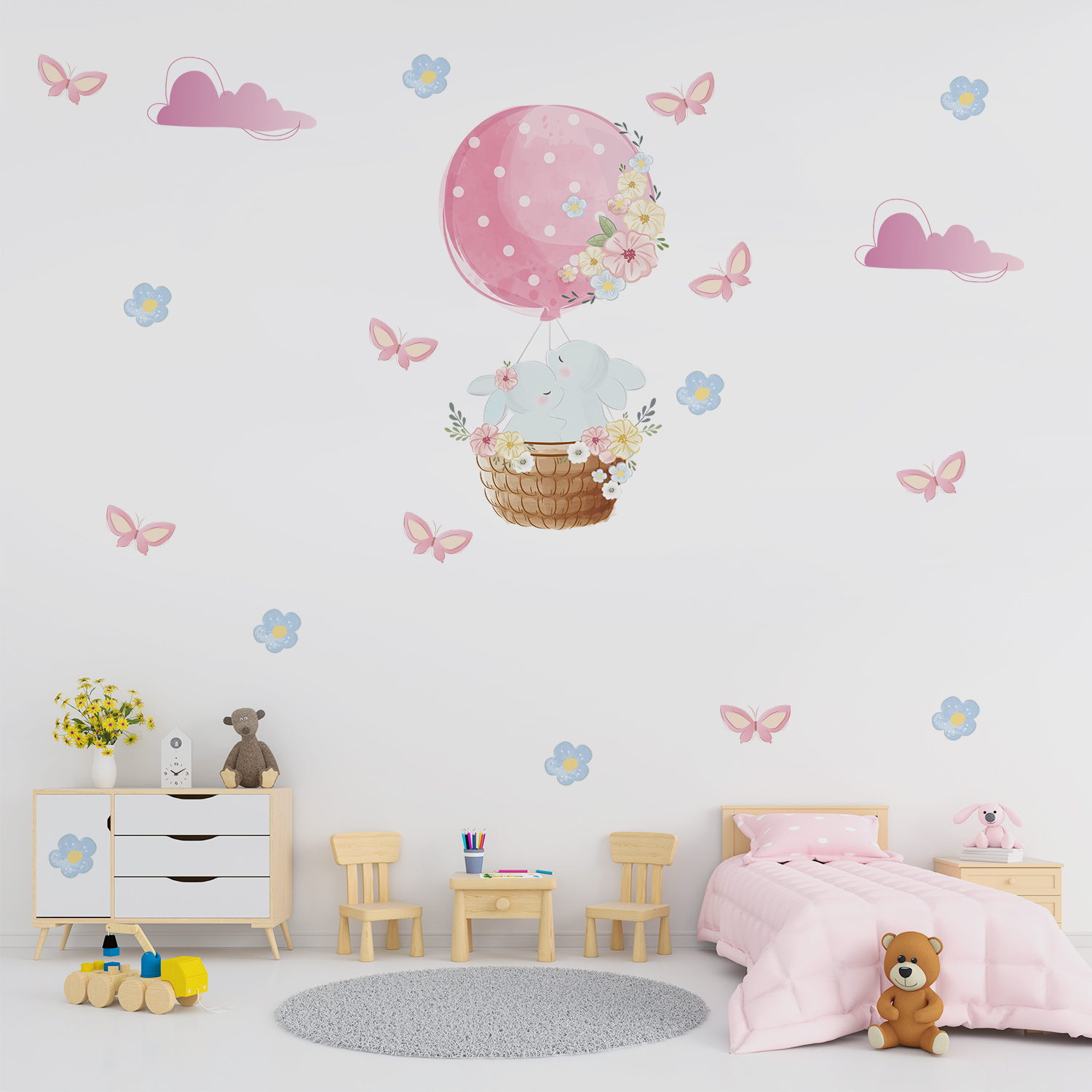 Funlife PY063 Pink hot air balloon with butterflies and flower decals baby room decor wall stickers