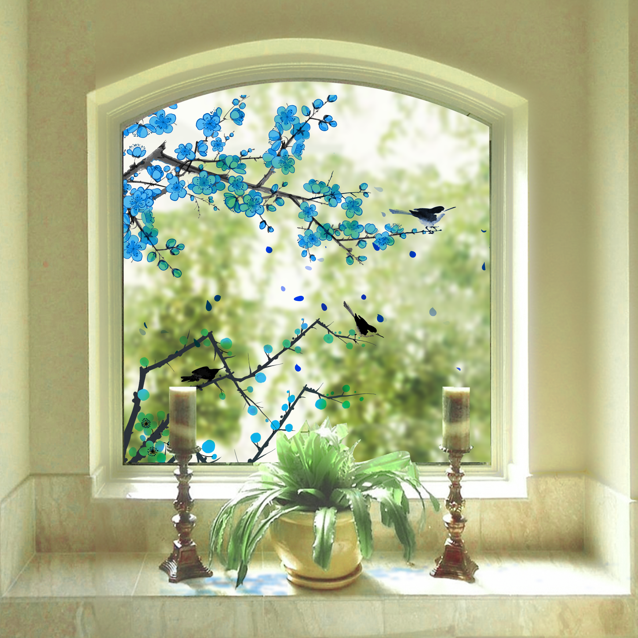 Funlife Watercolor Chinoiserie Blue Floral Window Sticker  Stained Double Sided Window Decals for Glass Windows Door Decor