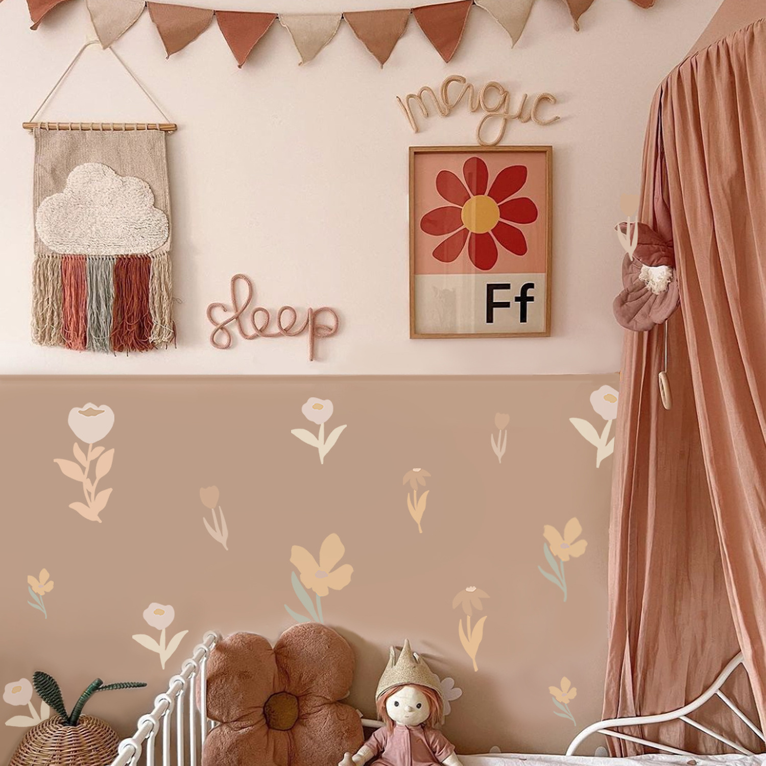 Funlife Boho Theme Cartoon Daisy Rose Floral Wall Stickers Baby Nursery Room Self Peel and Stick Wall Decor