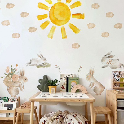 Funlife Watercolor Boho Sun Wall Decals Peel and Stick, PVC Sunrise Wall Stickers, Yellow Sunshine Wall Art Decor for Kids Room