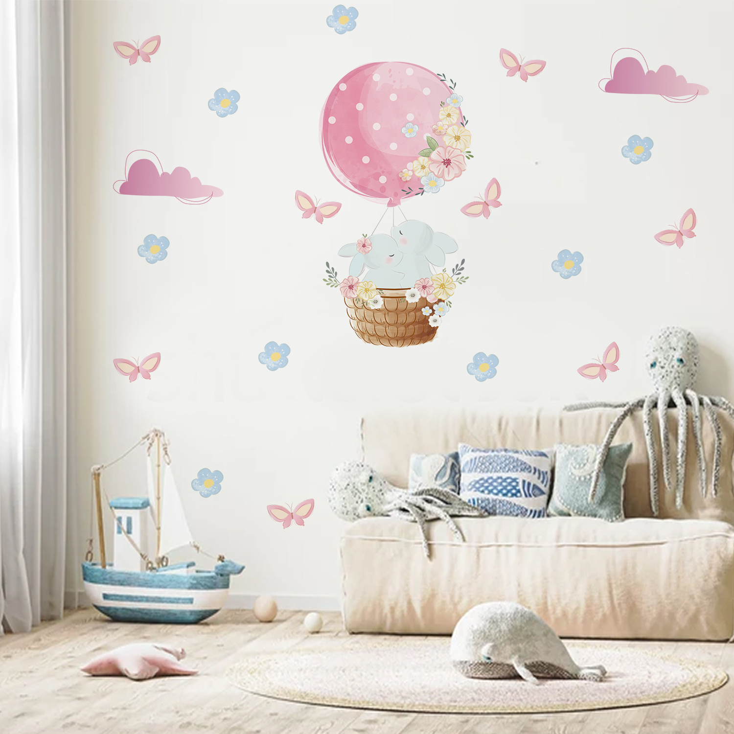 Funlife PY063 Pink hot air balloon with butterflies and flower decals baby room decor wall stickers