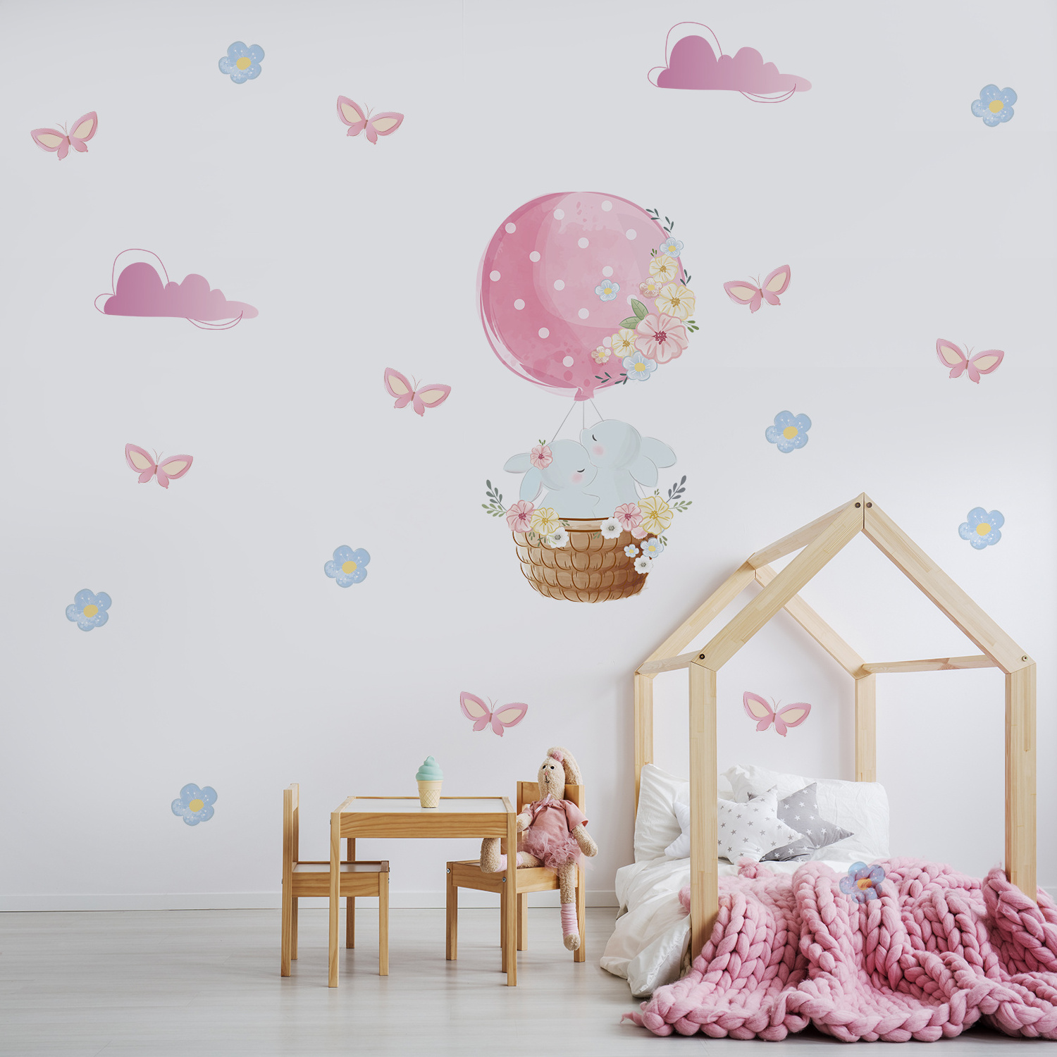 Funlife PY063 Pink hot air balloon with butterflies and flower decals baby room decor wall stickers