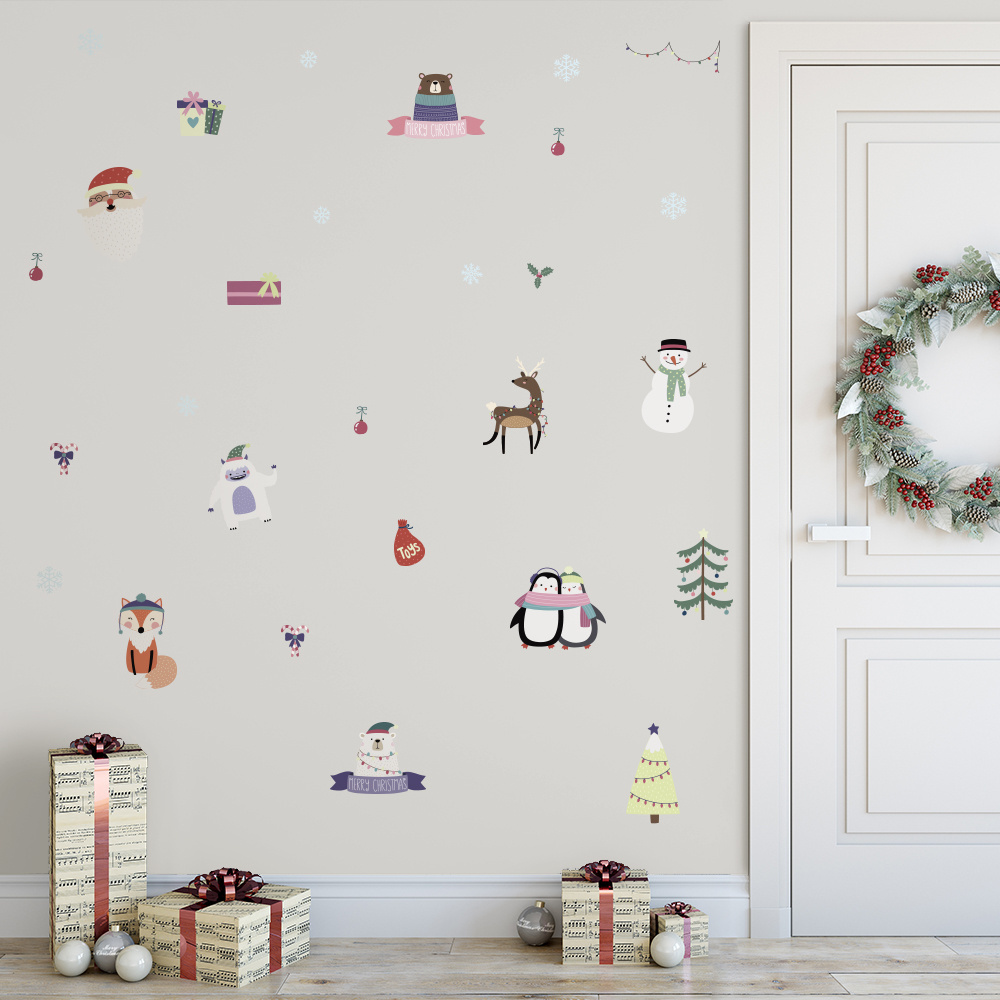 Funlife  PA131 Christmas Cartoon Sticker Santa Elk Penguin Bell Removable Wall Stickers