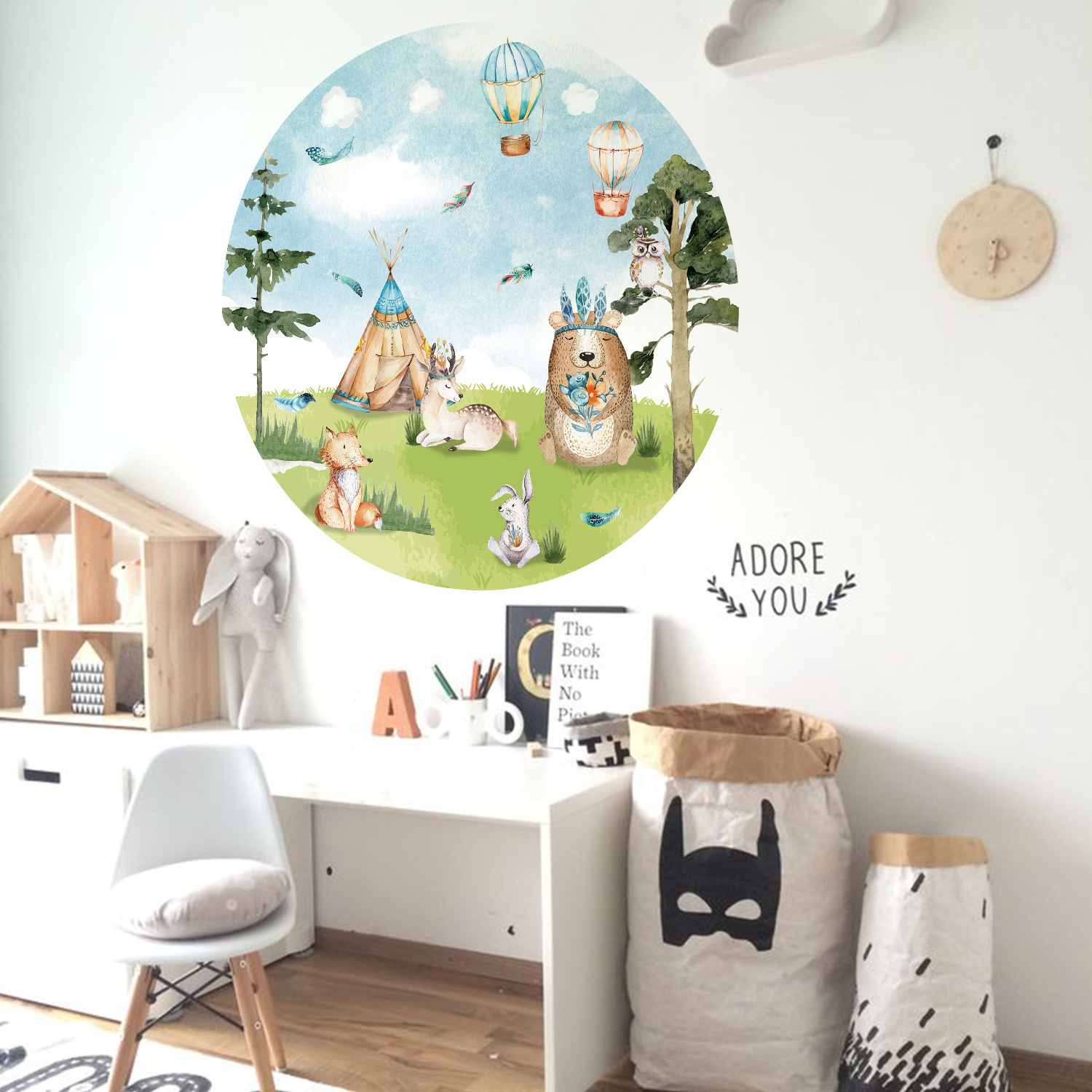 Funlife Round Shape Cartoon Cute Woodland Animals Bear Fox Wall Sticker Fabric Art Decals for Baby Kids Room Home Decor