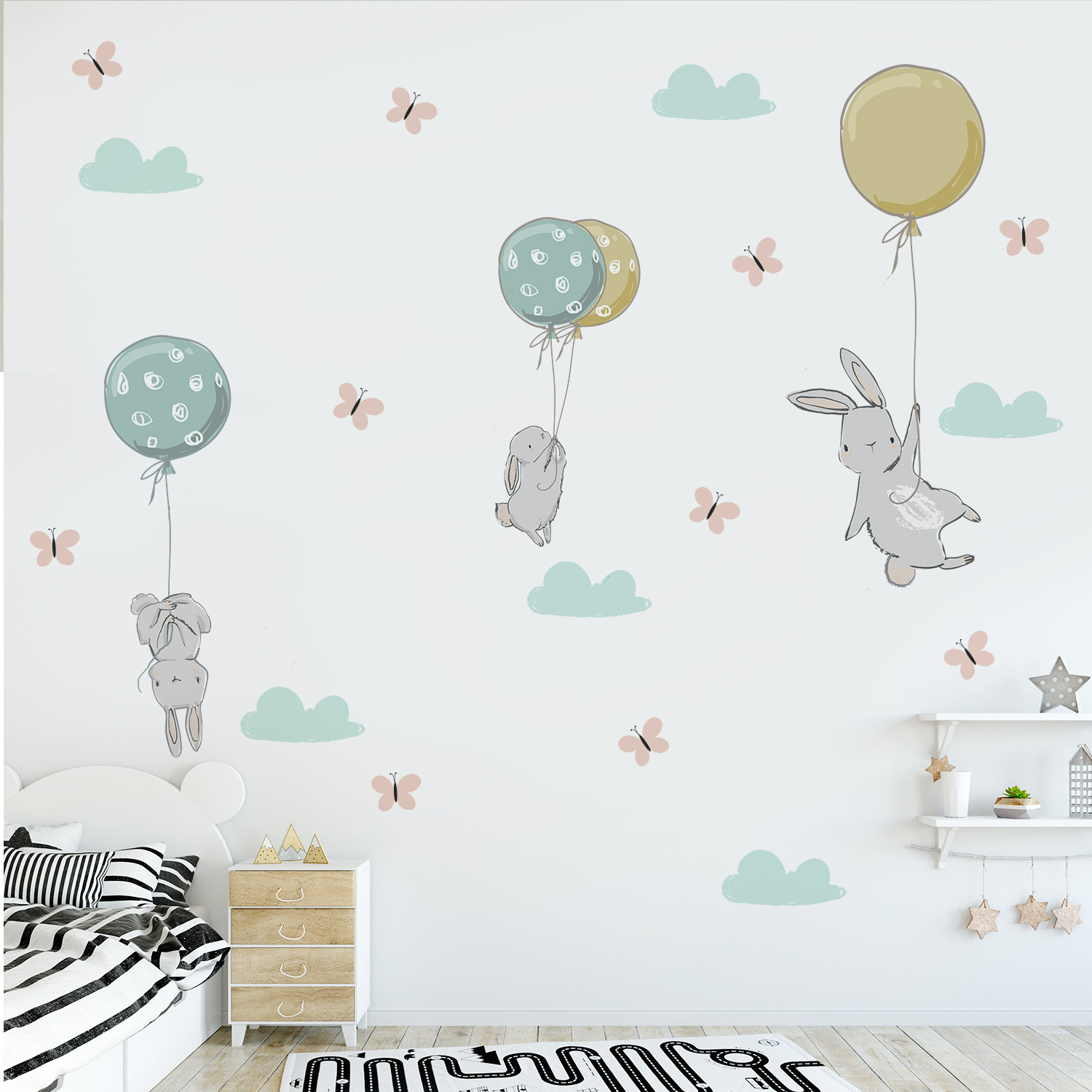 Funlife PY036 blue balloons with clouds cartoon bunny rabbit wall decals nursery room wall sticker