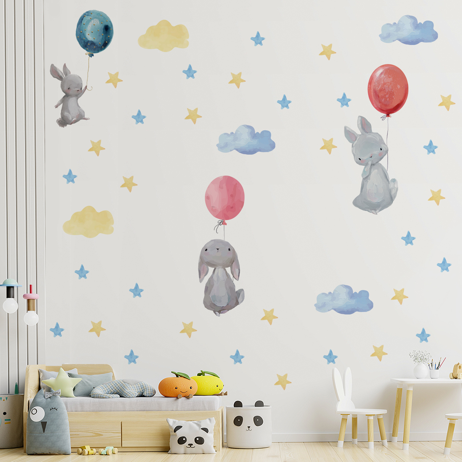 Funlife PY032 watercolor falling rabbit and balloons decals cartoon bunny nursery room wall sticker